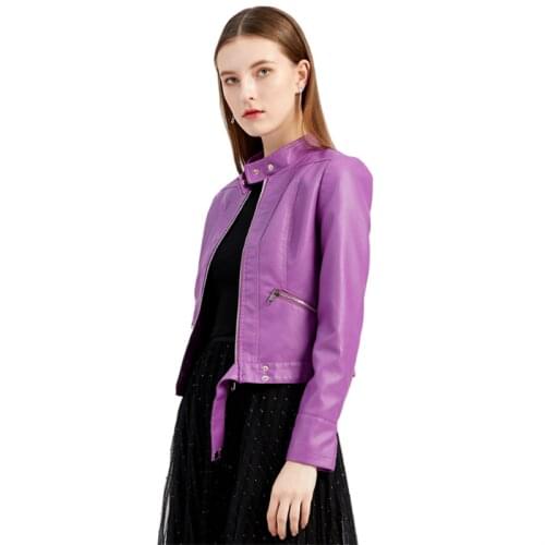 Spring Autumn Pu Faux Leather Jacket Women Black Purple Zipper Slim Short Moto Biker Jackets Coat Female Outwear