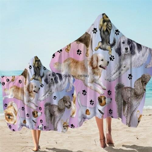 Cute Hippie Pug Dog Parent-child Hooded Cloak Beach Towel Cartoon Microfiber Hooded Changing Robe Kids Adult Wearable Bath Towel