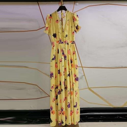 Runway Fashion Yellow Women 2021 Spring Summer Puff Sleeve Lace Patchwotk Maxi Long Party Plus Size Dress XXL 3XL