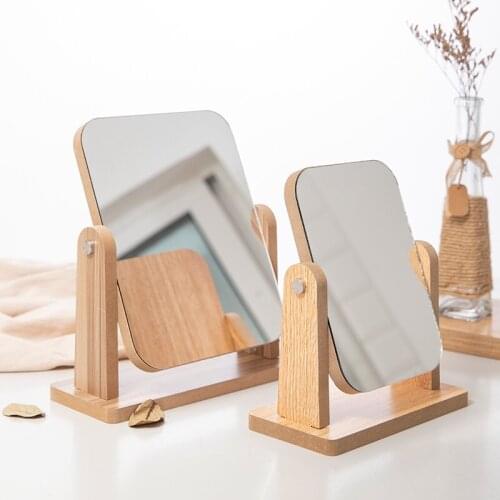 Desktop Makeup Mirror 360 Degree Rotatable Wooden Frame Mirror Portable Vanity Mirror Dressing Decorative Mirror