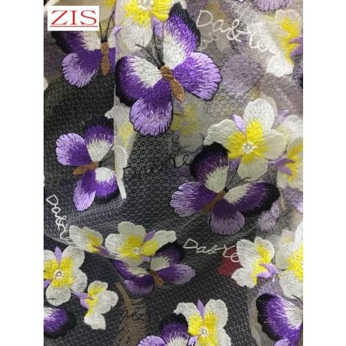 New butterfly flower embroidery mesh lace fabric 2 colours wide 130cm Purple/Yellow for Dress Childrens wear skirt