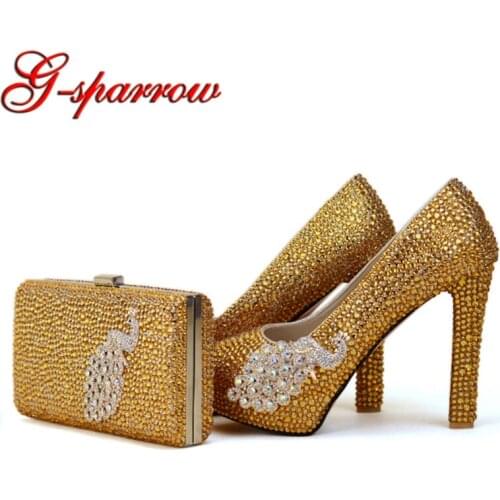 2018 Newest Designer Unique Phoenix Decoration Gold Rhinestine Shoes With Matching Bag Party Proms Bridal Wedding High Heels
