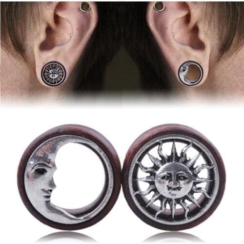 New 1 Pair Punk Sun Moon Ear Plug Round Wooden Tunnels Gauges Piercing Expander Women Ear Stretcher Charm Body Piercing Jewelry