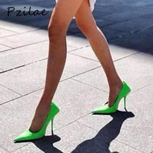 Pzilae High heels sexy wedding shoes stiletto thin heels pointed toe lady sexy pumps summer dress shoes green white big size 41