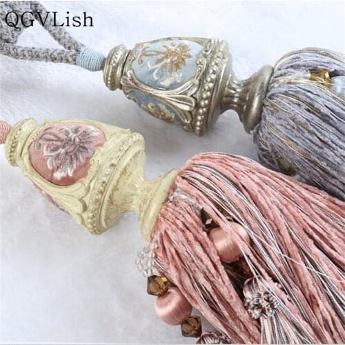 QGVLish Luxury 2Pcs Retro Curtain Tiebacks Long Tassel Fringe Curtain Hanging Belts Rope Brush Buckle Straps Curtain Accessories