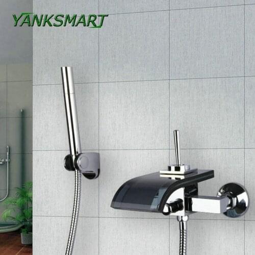 YANKSMART Bathroom Faucets Construction Chrome Black Glass Spout Waterfall Bathroom Bath & Shower Faucet With Hand sprayer