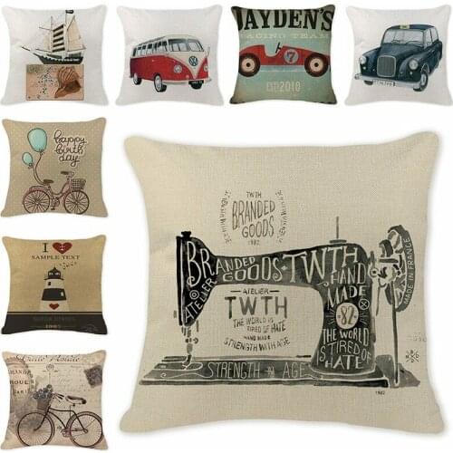 Vintage Traffic Life Printing Cushion Cover Cartoon Airplane Bicycle Home Living