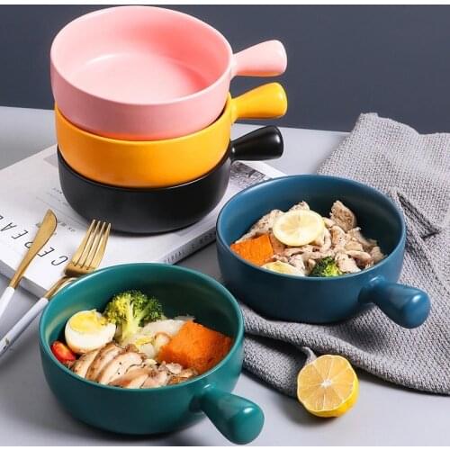High Quality Ceramic Salad Bowl With Handle Solid color Fruit Bowl Breakfast Salad Rice Bowl Tableware Microwave Oven Special