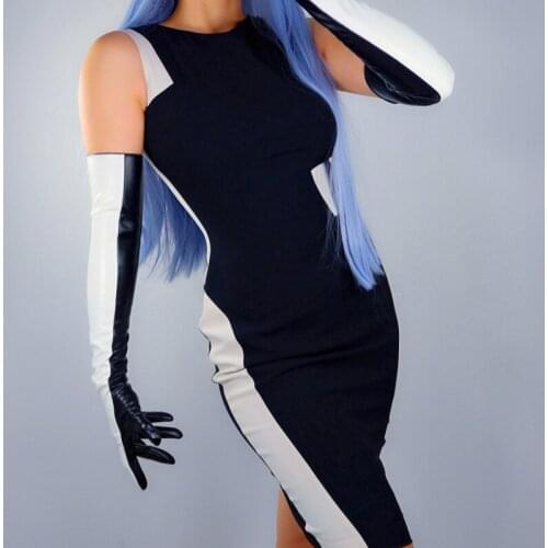 Women PU Gloves Touchscreen 60cm Long PU Amulation Sheepskin Faux Leather Gloves Female Black White Two Tones Patchwork WPU303