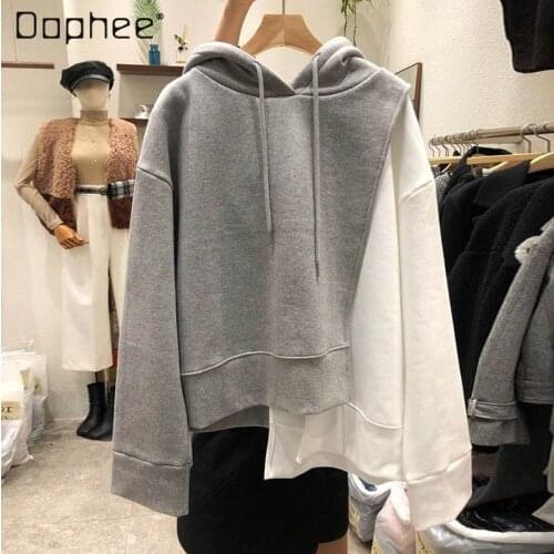 2021 Spring New Irregular Personality Color Matching Drawstring Hoodie Womens Fashion Fake Two Pieces Hoodie Top Sweatshirts