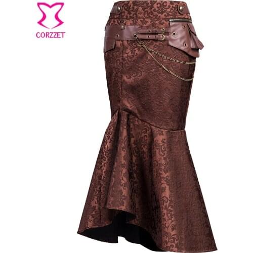 6XL Brown Brocade&Leather Pocket Belt High Waist Vintage Steampunk Skirt Trumpet Mermaid Long Victorian Gothic Skirts For Women