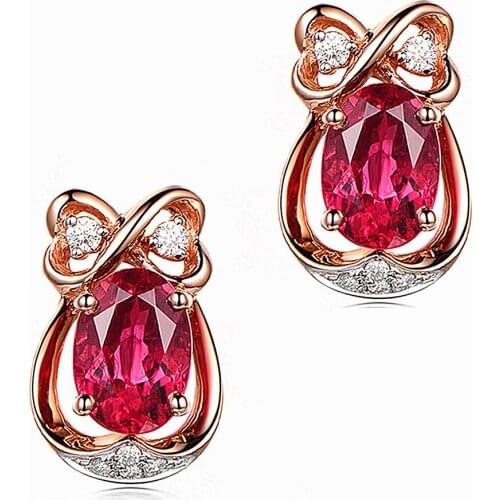 Fashion red crystal ruby gemstones diamonds stud earrings for women 18k rose gold color jewelry bijoux brincos romantic gifts