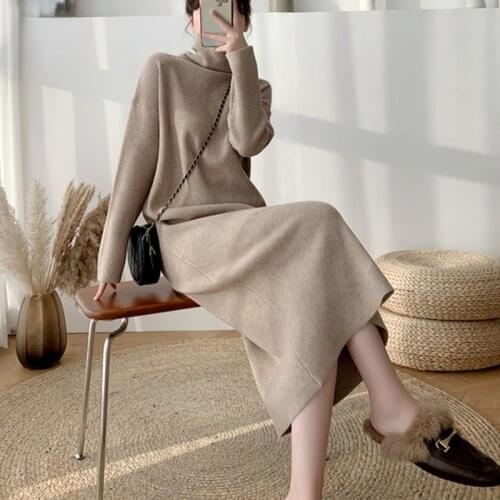 Autumn Winter Knitted Sweater Dress Women Thick Warm Turtleneck Long Sleeve Casual Loose Long Midi Dresses Vestidos Robe Femme