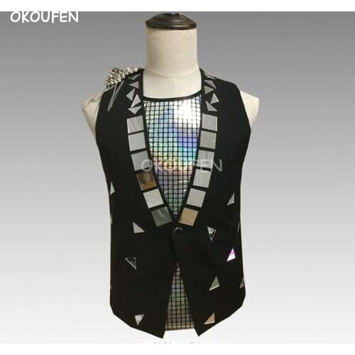Man Personality Fashion Vest Black Silver lens Mirror vest Nightclub bar male singer DJ dance wear stage show accessories