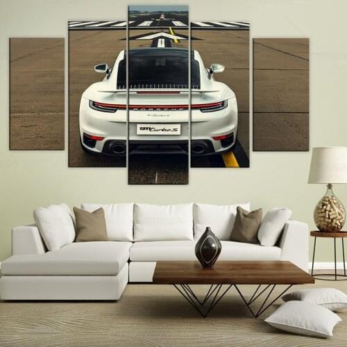 5 Piece Canvas Wall Art Porsche 911 White GT Luxury Sports Car Print Home Decor HD Pictures 5 panel poster Paintings
