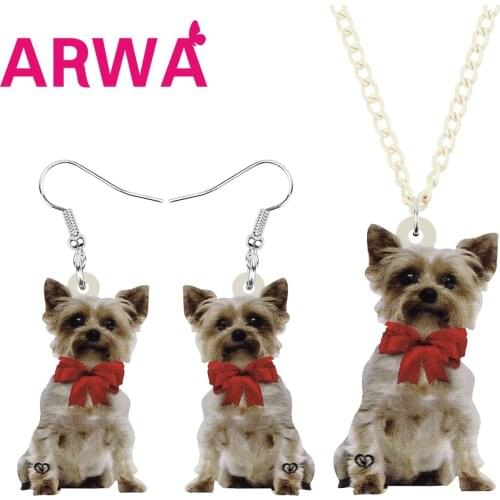 ARWA Acrylic Brown Bow-knot Yorkshire Dog Jewelry Sets Cute Animal Earrings Necklace For Women Kids Friend Funny Birthday Gift