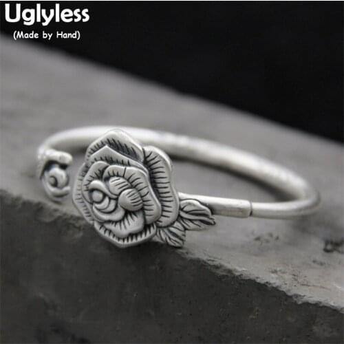 Uglyless Real S999 Fine Silver Women Noble Peony Flower Bangles Ethnic Vintage Opening Bangle Handmade Carved Buddha Hand Bijoux