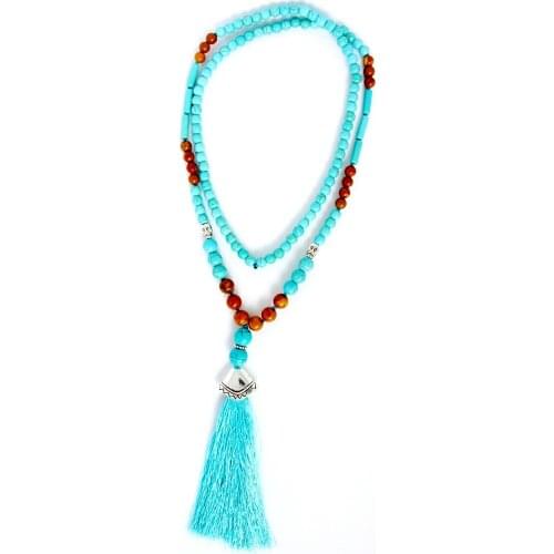Wood texture stone bead turquois beads handmade tassel pendant long necklace boho style knotted necklace women jewelry