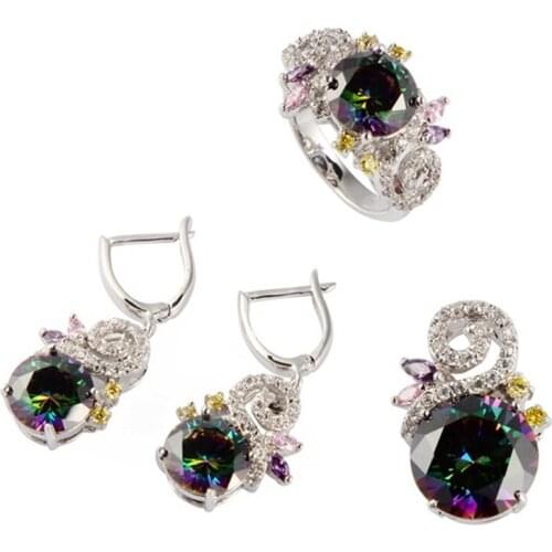 Fleure Esme Wedding jewelry sets for women luxury Hot Pink Purple Rainbow Cubic Zirconia Rhodium Plated R537set R540set R707Gset