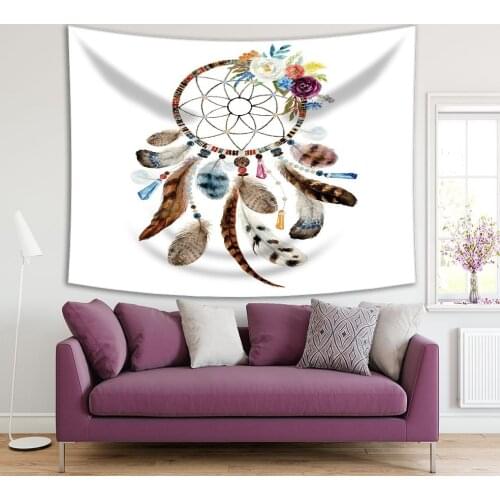 Tapestry Dreamcatcher with Feathers and Flowers Floral Chic Design Boho Style Home Decoration Brown Gray