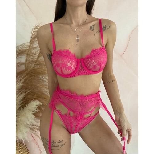 Womens Underwear Set Transparent Lingerie Set Lace Sexy Underwired Push Up Bra Female 3 Piece Set See Through Underwear LNE430