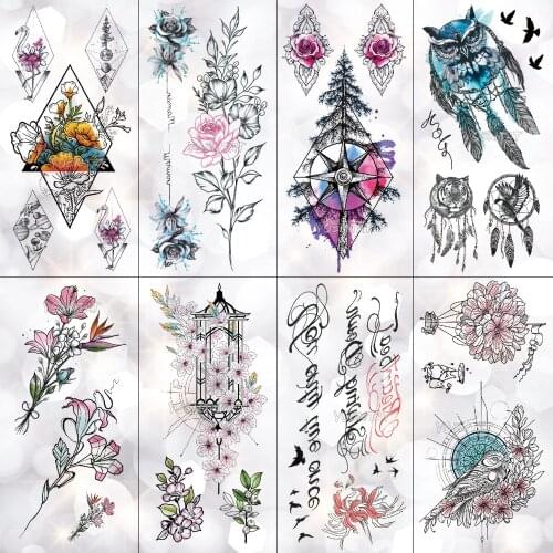Forest Owl Compass Waterproof Temporary Tattoo Sticker Flower Wolf Mountain Flash Tattoos Body Art Fake Arm tatoo Women