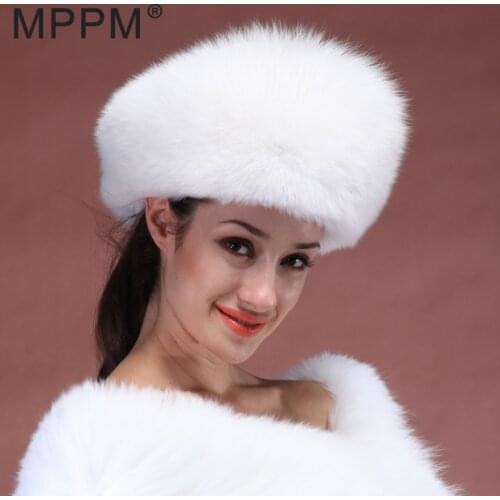 MPPM HOT Real Fox Fur Hat White Fox Cap Whole Skin made Russian women winter warm cap High Quality best gift for lover, mother