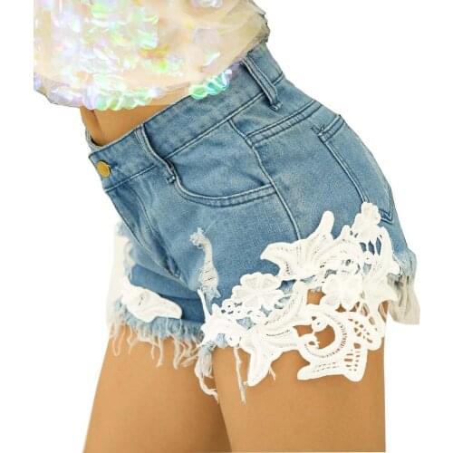 Fashion Women High Waist Jeans Shorts Washed Distressed Shorts Outdress Jeans Denim Club Lace Floral Summer short mujer