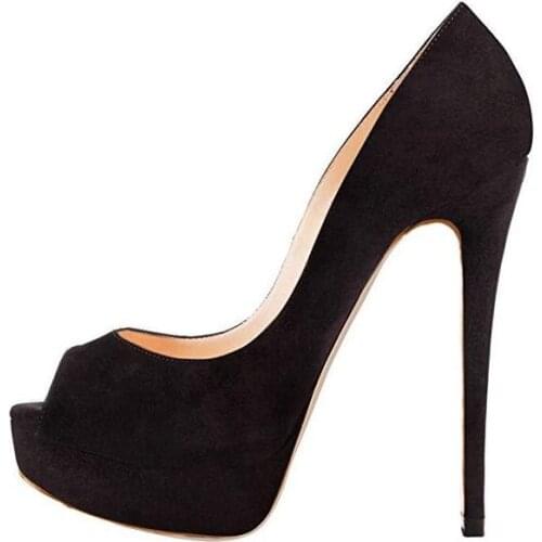 Moraima Snc Woman High Heel Shoes Black Suede Peep Toe Platform Pumps Super High Sexy Stiletto Dress Heels Lady Big Size Shoes