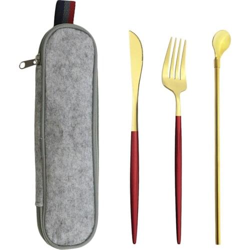 4Pcs/Set Knife Fork Straw Spoon Dinnerware Cutlery Set Portable Stainless Steel Silverware Travel Flatware Kitchen Tableware Set