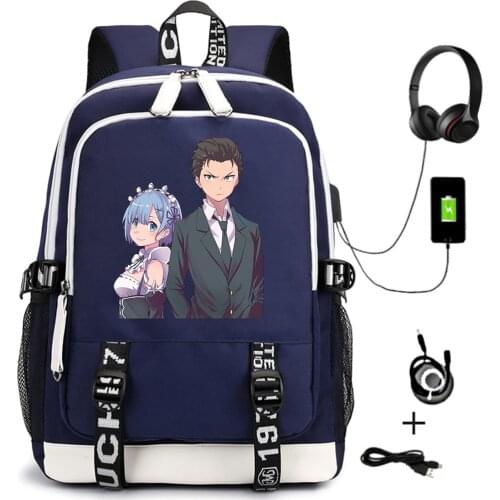 Re:Life In A Different World From Zero Student Casual Unisex Backpack Zipper Cartoon USB Travel Laptop Shoulders Bags Bookbag