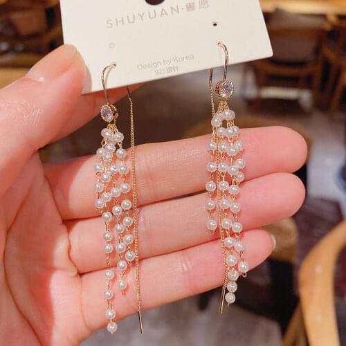 Long tassel pearl ear line Elegant Personality Fashion Simple imitation pearl exquisite Lady Hanging earrings Women jewelry