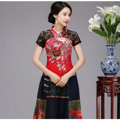Sexy red Lace Summer Women Shirt Top Chinese Style Cotton Linen Blouse Tradition Flower Clothing S - XXXL women blouse