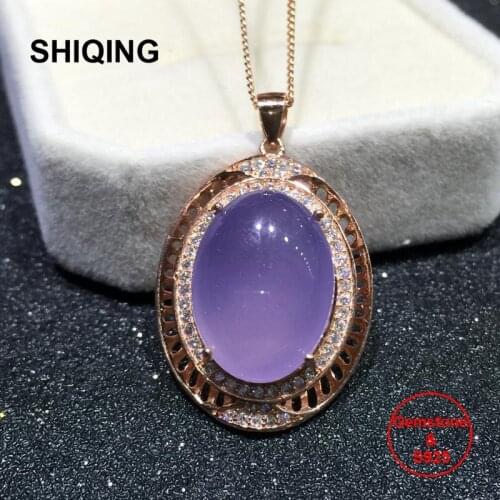 SHIQING 100% Nature blue purple chalcedony sterling silver rose gold color noble necklace for wedding engagement