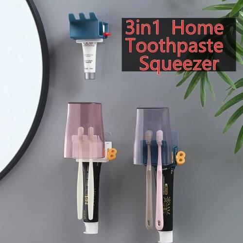 3in1 Home Toothpaste Squeezer Toothpaste Dispenser Toothbrush Holder Plastic Facial Cleanser Squeezer Press Bathroom Accessories
