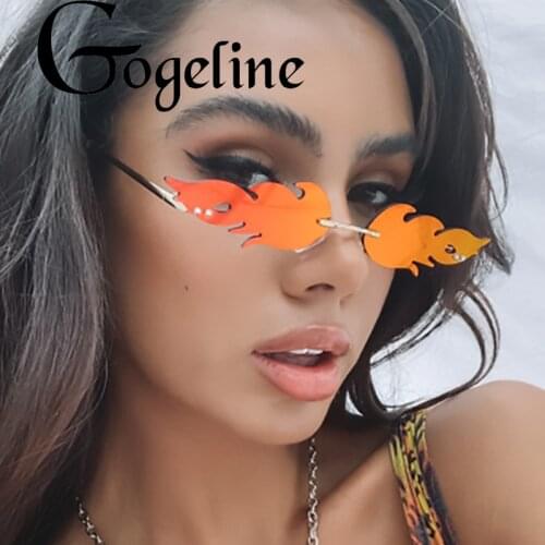 Rimless Fire Flame Sunglasses Women Men Fashion UV400 Mirror Eyewear Luxury Trending Narrow Party Metal frame Wave Sun Glasses