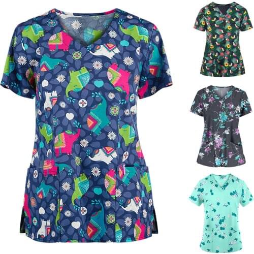 Summer Sexy Uniforme infirmière Women 2021 Women Short Sleeve V-neck Tops Working Uniform Casual Printed медицинский халат жен