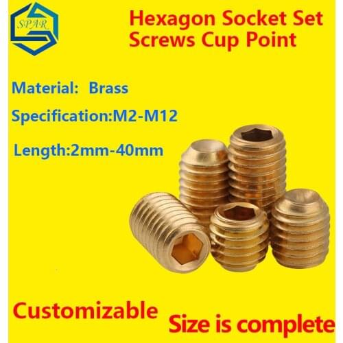 Hex Socket Set Screws Grub Screw Internal Hex Drive Cup-Point Set Screws Concave Set Screw hexagon Socket Screw DIN916 Brass