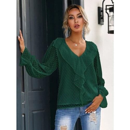 Chiffon Blouse New Women Tops Lantern Long Sleeve V-neck Ruffled Office Lady Elegant Gentlr Casual Solid Color Ladies Blouses