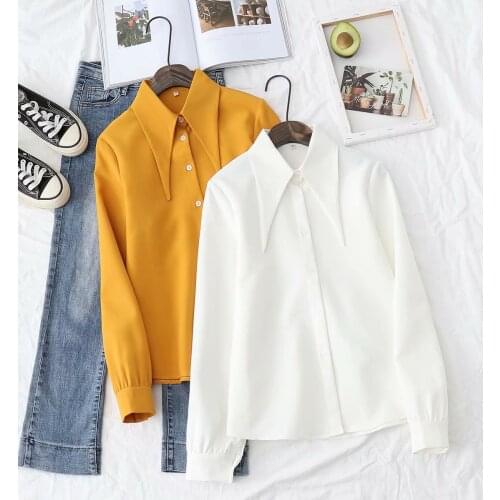 Girls chiffon shirt womens 2021 spring and autumn new big pointed collar shirt temperament was thin and versatile long-sleeved