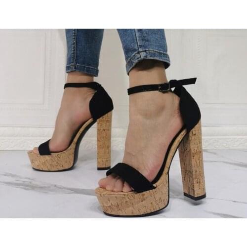 100% Real Photos Woman Black Suede Chunky Heels One Line Sandals Female Peep Toe Cover Heel Platform Party Dress Shoes Big Size