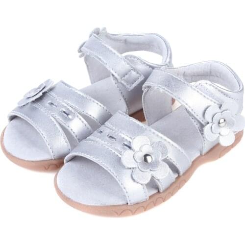 Girls soft leather sandal open toe with flowers silver for christenning wedding summer shoes ladies formal retail