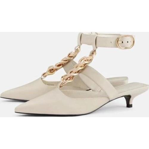 Bailamos Women Sandals Metal Chain Pointed Low Heel Shoes 2021 Stiletto Fashion Ankle Buckle Hollow Sandals Shoes Female Roman