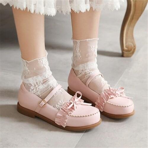PXELENA Plus Size 34-43 Sweet Girls Student School Cosplay Mary Janes Shoes Ruffles Low Heel Pumps Women Autumn Black Pink Beige