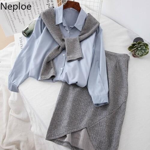 Neploe Preppy Style Women Sets Color Matching Fake Two Piece Chiffon Shirt Knit Solid Irregular Skirt Autumn Winter 45993