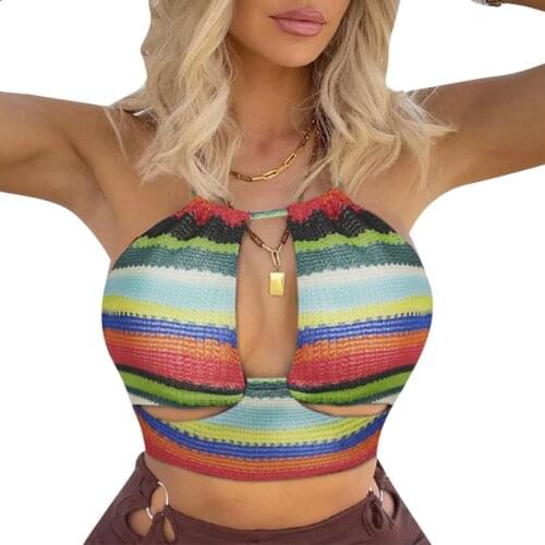 Womens Sexy Halter Bandage Vest Fashion Stripe Hollow Exposed Navel Knitted Suspender Tops