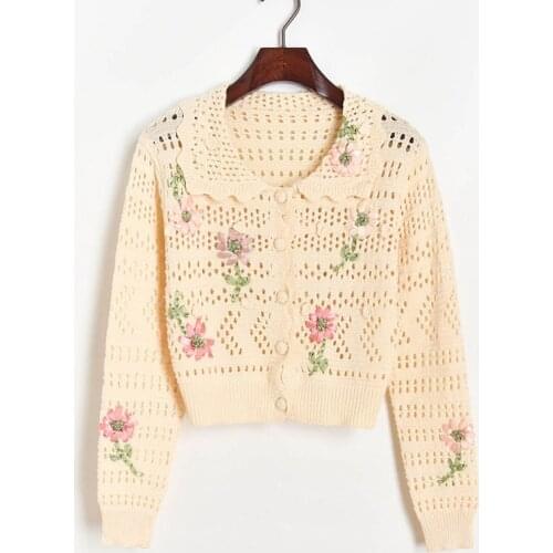 2020 Autumn Cardigan Women Cropped Sweater Coat Doll Collar Embroidery Hollow Out Single Breasted Cardigan Knitted Autumn Tops