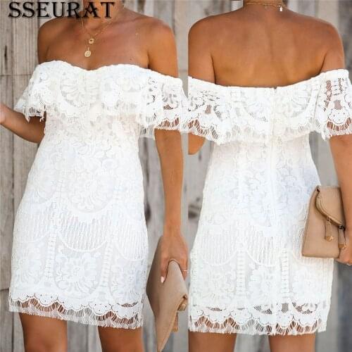 SSEURAT Fashion Women Elegant Vintage sweet lace white Dress Stylish Sexy Slash Neck Casual Slim Beach Summer Sundress