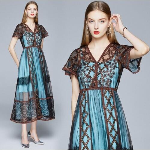 2020 New Summer Dresses A-Line Office Lady Solid Empire V-Neck Elegant Dresses Short Sleeve Mid-Calf Party Night Vintage Dresses