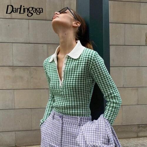 Darlingaga Vintage Green Houndstooth Knitted Sweater Bodysuit Women Bodycon Autumn Winter Bodysuits Turn Down Collar Body Casual